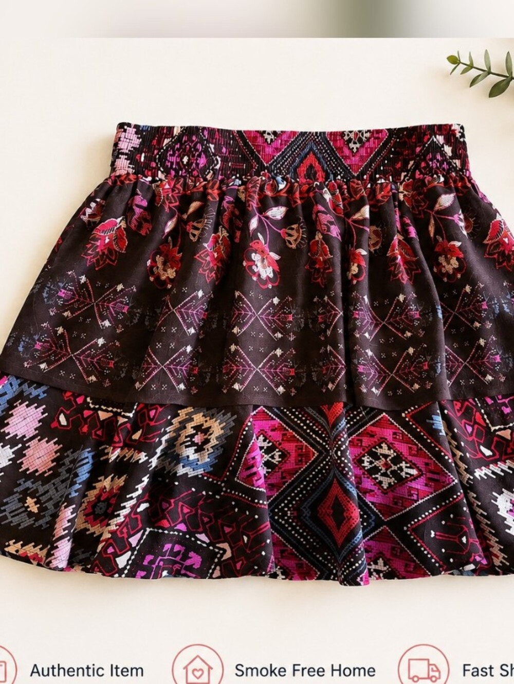 Skies Are Blue Tiered Boho Mini Skirt Size Small Pink Black Tribal Print